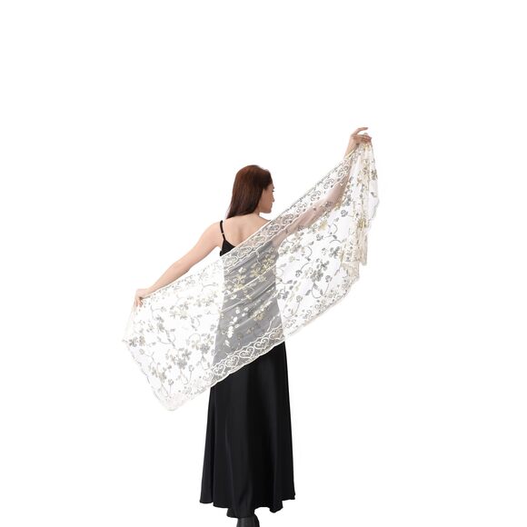 Women's Floral Lace Shawl - Soft Mesh Wedding Party Scarf With 8939 - Picture 6 of 7